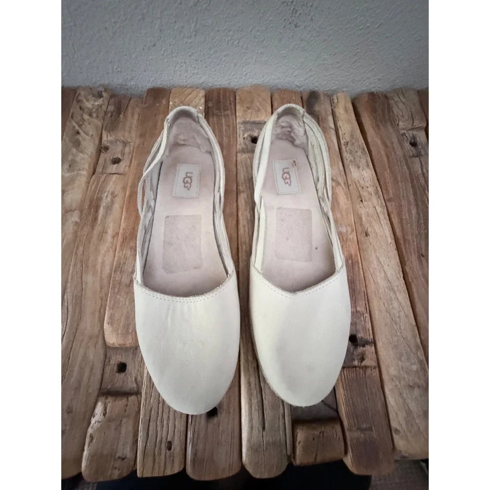 UGG Jass Espadrille Flat 9 White Leather Slip On Strappy Heel 1011187